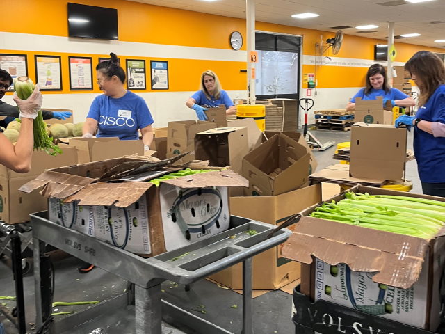 Volunteers packaging food in an assembly line surrounded by boxes of vegetables.