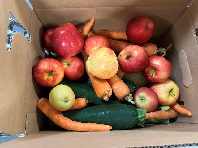 A completed box of produce for food distribution. The box contains apples, carrots, zucchini, and celery.