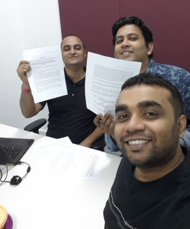 July 20, 2018: Praveen and Navdeep signed the NDA for their first formal patent with the United States Patent and Trademark Office at Cisco India.