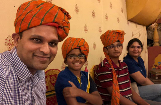 From left to right: Sarav, his sons Yash and Bharghav, and his wife Vidya in Rajasthan, India.