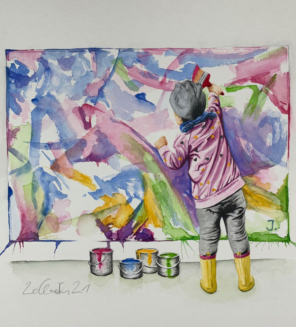 This painting titled “Young Artist,” is a portrait of the two-year-old daughter of one of Christoph’s teammates at Cisco. 