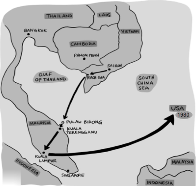 The Ta's immigration journey seeking freedom. Emily clearly remembers landing in Los Angeles, California, on February 28, 1980 — a leap year.