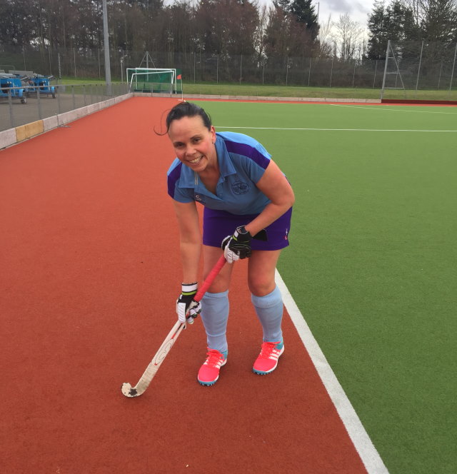 Sheila in her element, doing what she loves: Playing field hockey.