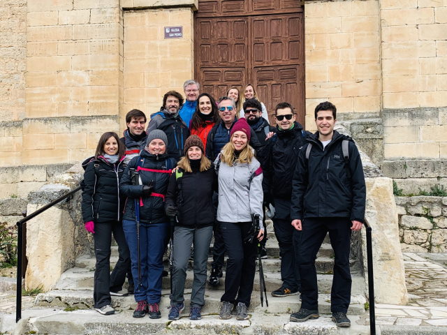 Some of the Camino team taking a quick break outside the local church in Casla in Segovia, Spain.