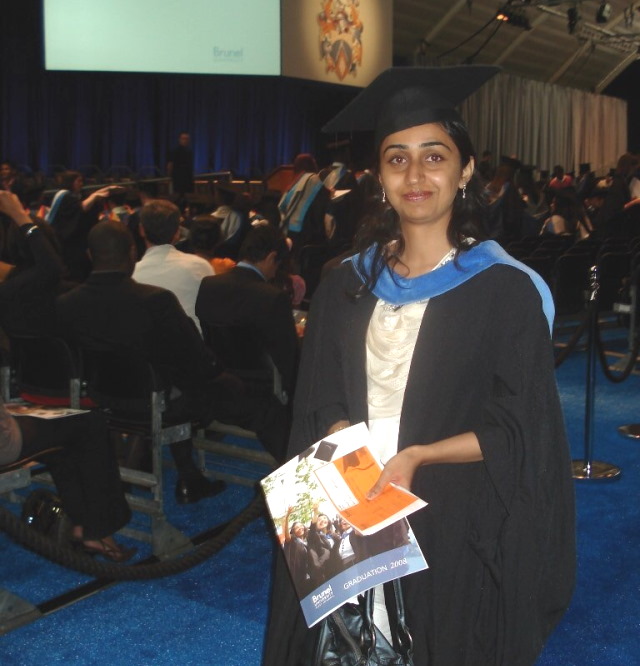 Huma graduating from Brunel University in the U.K. She was the first woman in her family to pursue education abroad.
