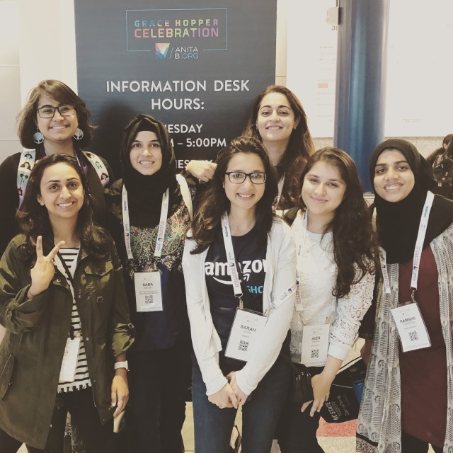 Pakistani Women in Computing (PWiC) founding team at Grace Hopper in 2018.