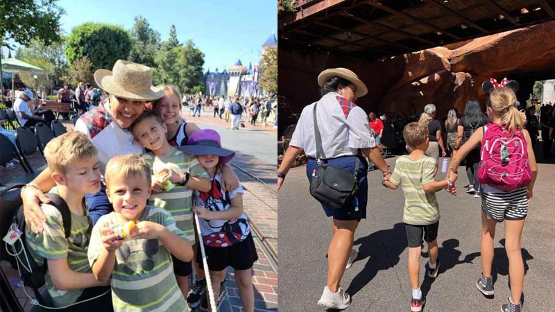 Side-by-side photos of a tour guide with Patti’s grandchildren.