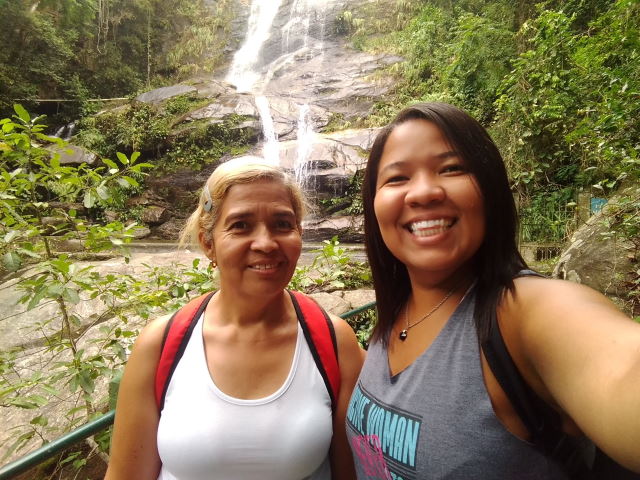 Edna and her mother at the Cascatinha Waterfall at Parque Nacional da Tijuca.