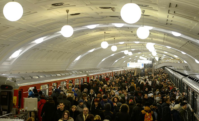 The Moscow metro station during rush hour.