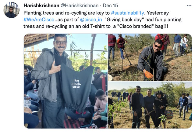 A tweet by Harish Krishnan detailing his work planting trees and recycling clothes. 