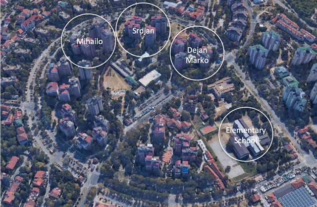 This circular neighborhood comprised of six housing towers. Dejan and Marko lived in building 1, Srdjan in building 2, and Mihailo in building 3.