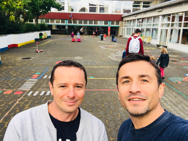 Dejan and Mihailo at the school  both of their daughters attend in Belgium.