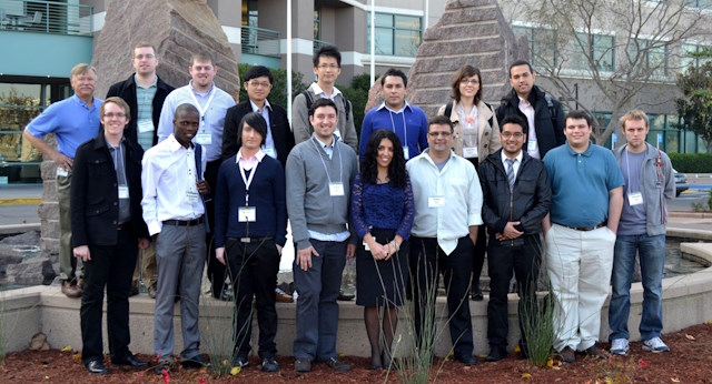 Yu Jie (top row, fourth from the  left) at the Cisco San Jose campus with fellow former NetRiders (now NetAcad  Riders) winners in 2011.